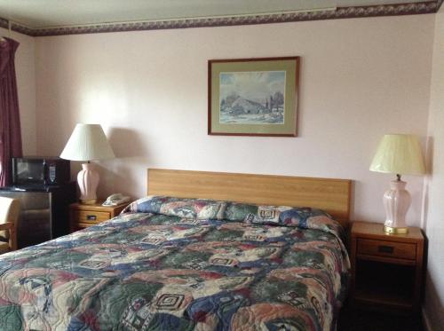 a hotel room with a bed and two lamps at Mark Twain Motor Inn in Elmira
