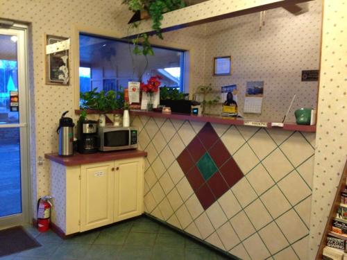 a kitchen with a counter and a counter top at Mark Twain Motor Inn in Elmira
