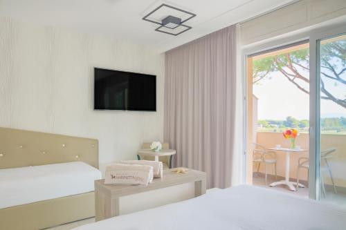 マリーナ・ディ・ビッボーナにあるPark Hotel Marinetta - Beach & Spaのベッドルーム(ベッド1台、テレビ、窓付)