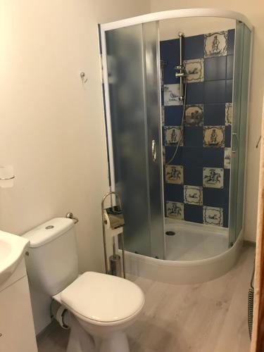 a bathroom with a toilet and a glass shower at Ubytovanie Meba in Prešov