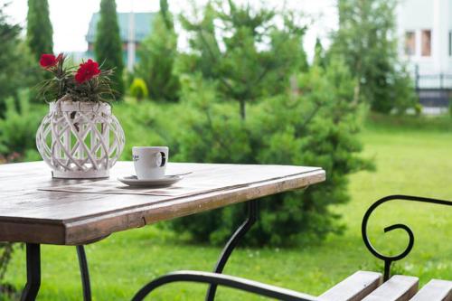 a table with a vase with a red flower on it at Villa Alessia in Skhidnitsa