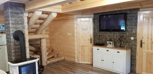 a living room with a fireplace and a tv at Chata Nezábudka in Oščadnica