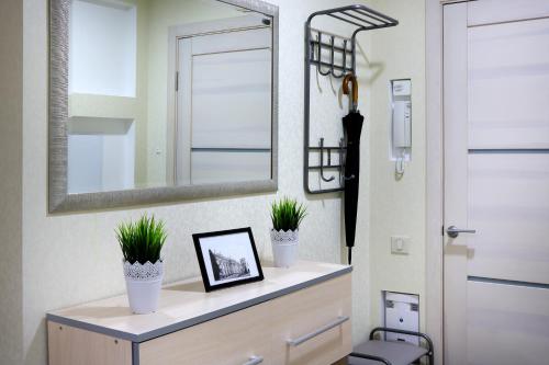 a bathroom with a mirror and two potted plants at PaulMarie Apartments on Chigrinova in Mogilev