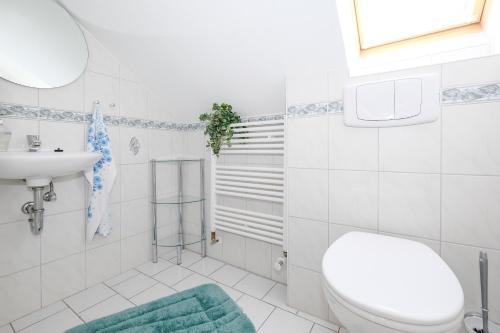 een witte badkamer met een toilet en een wastafel bij Ferienhaus "Jägers Ruh" in Wernigerode