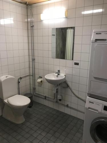 a bathroom with a toilet and a sink at Haga Park Camping & Stugor in Mörbylånga