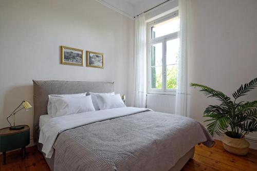 a white bedroom with a bed and a potted plant at The Athens History in Athens