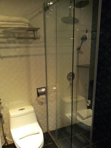 a bathroom with a toilet and a glass shower at Venus Boutique Hotel in Melaka