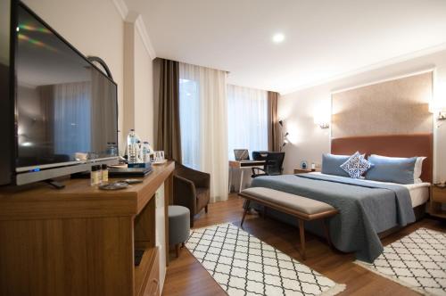 イスタンブールにあるNomade Hotel Exclusiveのベッドとテレビが備わるホテルルームです。