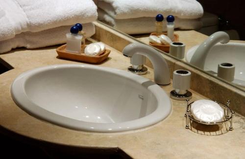 a bathroom counter with a sink and a mirror at Apart del Maiten in San Martín de los Andes