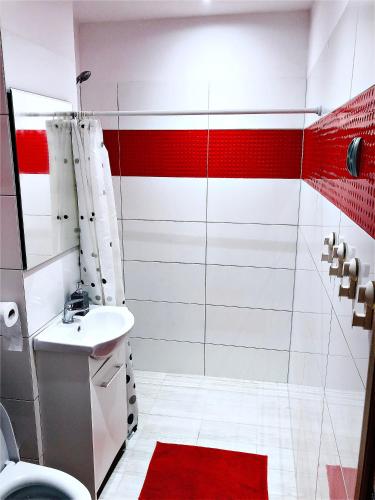 a bathroom with a red and white striped wall at Chrobrego 269 in Biała Podlaska