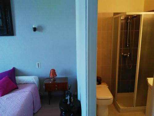 La salle de bains est pourvue d'un lit, d'une douche et de toilettes. dans l'établissement Le Relais De La Marche, à Aigurande