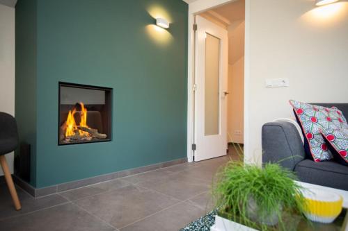 a living room with a fireplace on a blue wall at De Gouden Forel in Gulpen
