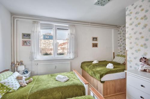 カルロヴィ・ヴァリにあるApartment U Medvídkaの小さなベッドルーム(ベッド2台、窓付)