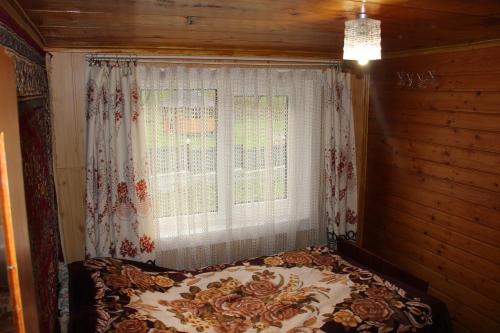 a bedroom with a large bed in front of a window at У МИХАЙЛА під лісом in Verkhovyna