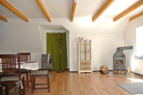 a living room with a wood stove and a green door at FEWO Elbe Weser in Hipstedt