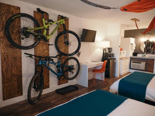 a hotel room with two bikes hanging on the wall at LOGE Bend in Bend
