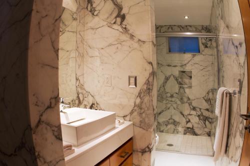 a bathroom with a sink and a shower at Pennsylvania Suites in Mexico City