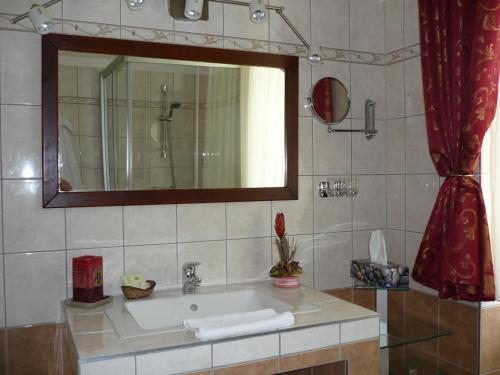 y baño con lavabo y espejo. en Öreg Malom Hotel, en Csepreg