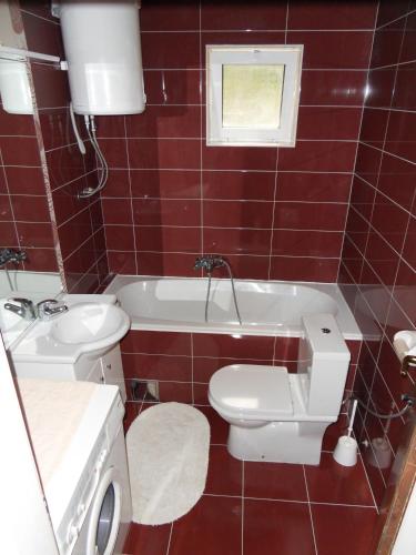 a red tiled bathroom with a toilet and a sink at Apartments Popaj in Komiža