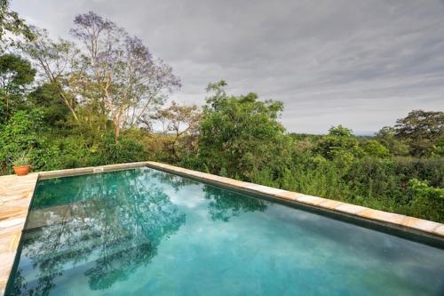 a swimming pool with blue water and trees in the background at Arusha Villa Karamu Coffee Estate in Usa River