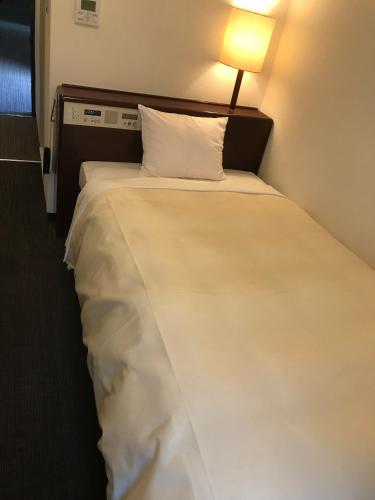 a large bed in a room with a lamp on it at Hotel Tsukuba Hills Umezono in Tsukuba