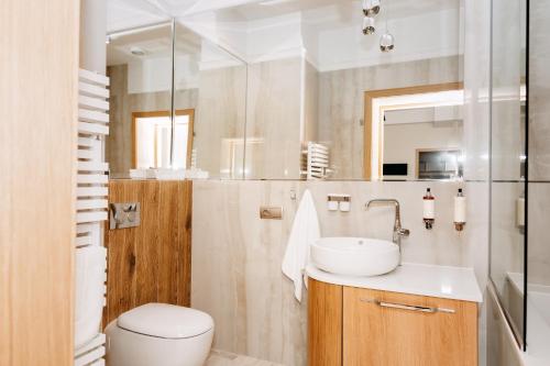 a bathroom with a sink and a toilet and a mirror at Willa Piękny Widok in Elblag