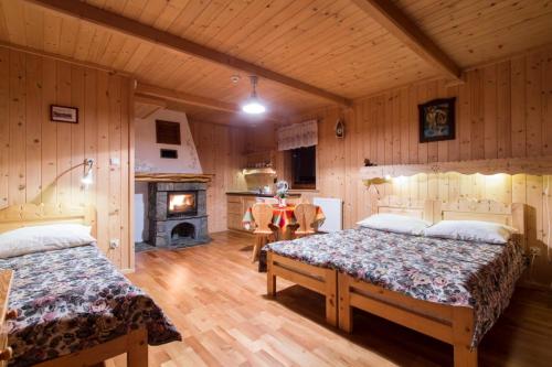 a bedroom with two beds and a fireplace at Willa u Adama in Zakopane