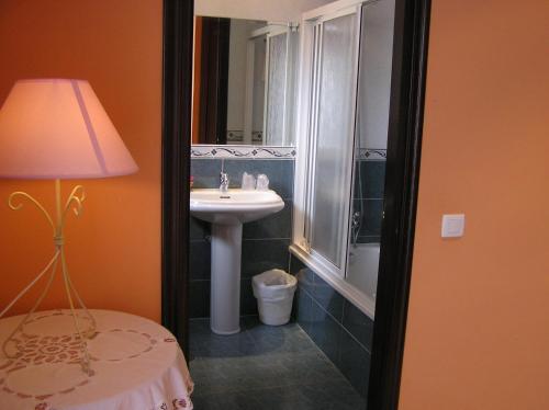 La salle de bains est pourvue d'un lavabo et d'un miroir. dans l'établissement Hotel Entreviñes, à Colunga