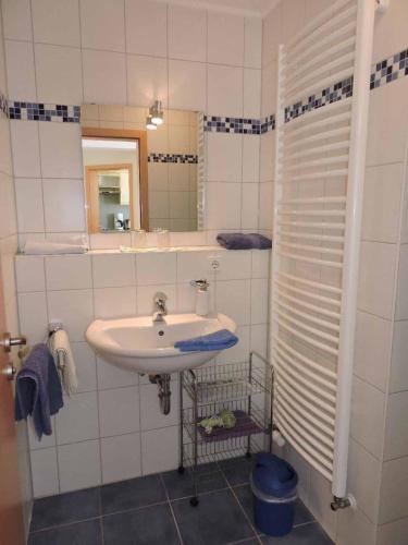 a bathroom with a sink and a mirror at Appartementhaus Löwenzahn in Bad Füssing