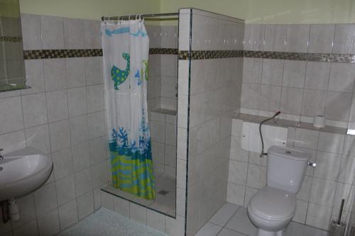 uma casa de banho com um chuveiro, um WC e um lavatório. em Villa Hausseman em Rivière-Pilote