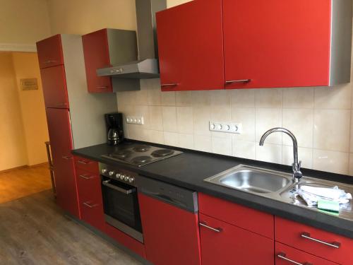 a red kitchen with a sink and a stove at Ferienwohnung Alt Görlitz in Görlitz
