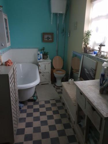 a bathroom with a tub and a toilet and a sink at The garden room, pets, fridge Tv in Chester