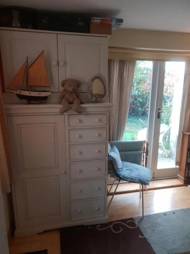 a teddy bear sitting on top of a dresser at The garden room, pets, fridge Tv in Chester