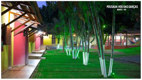 a row of palm trees in the grass near a building at Pousada Voo das Garças in Bonito