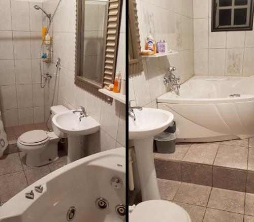 a bathroom with a toilet a sink and a bath tub at Villa Punta Salina in Palm-Eagle Beach