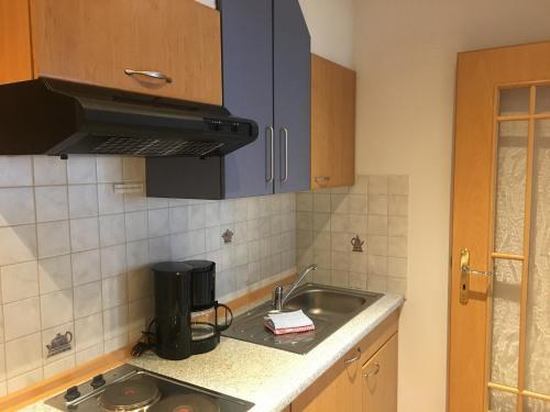 cocina con fregadero y encimera en Pension und Ferienwohnung Schütte en Schmallenberg