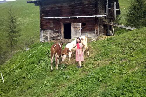 a young girl standing in a field with two cows at Apartment Greidlerhof in Rohrberg
