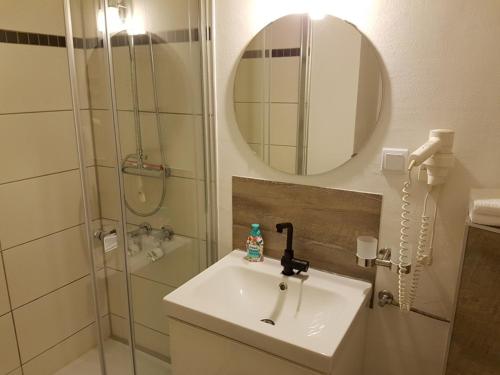 La salle de bains est pourvue d'un lavabo et d'une douche avec un miroir. dans l'établissement Apartment mit Seeblick Vier Jahreszeiten, à Hahnenklee