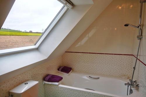 a bathroom with a bath tub with a window at Chambre d'Hôtes Entre Mer et Monts in Plomodiern