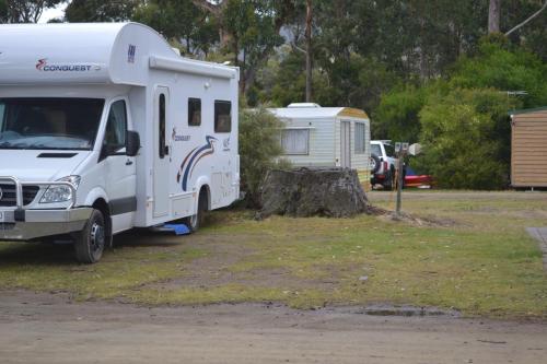 a white van parked next to a black and white truck at Captain Cook Holiday Park in Adventure Bay