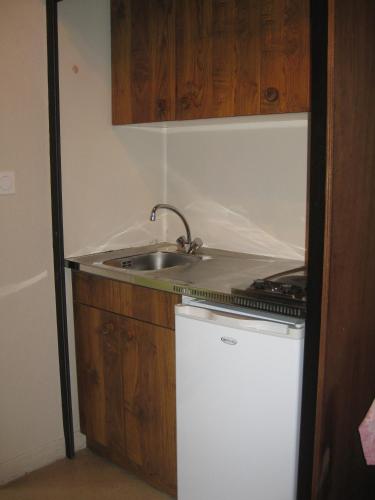 une petite cuisine avec un évier et une cuisinière dans l'établissement Hôtel Les Pavillons du Golf, à Évian-les-Bains