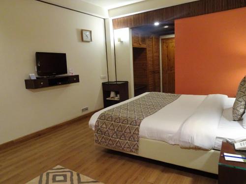 a bedroom with a bed and a flat screen tv at Honeymoon Inn Shimla in Shimla