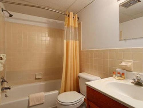 uma casa de banho com um WC, uma banheira e um lavatório. em Mainstreet Inn em Doylestown