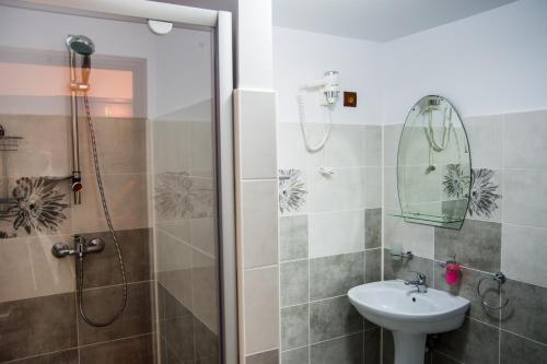 a bathroom with a shower and a sink at Pensiunea SilvAnka in Vîlcele