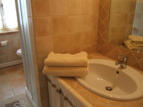a bathroom with a sink and a shower and towels at Agriturismo I Ciliegi del Checco in San Marcello