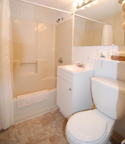 a white bathroom with a toilet and a shower at Sandcastle Resort in Provincetown