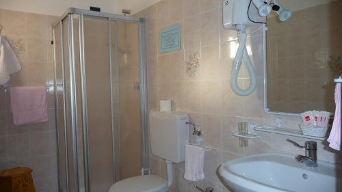 y baño con ducha, aseo y lavamanos. en Albergo Nuoitas, en Forni di Sopra