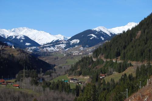 a mountain valley with snow capped mountains in the background at Apartment in Disentis in Disentis