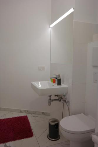 a white bathroom with a sink and a toilet at Pension am Wienfluss in Vienna