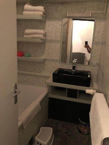 bagno con lavandino, specchio e asciugamani di Le bonheur du Bengal a Beauvais